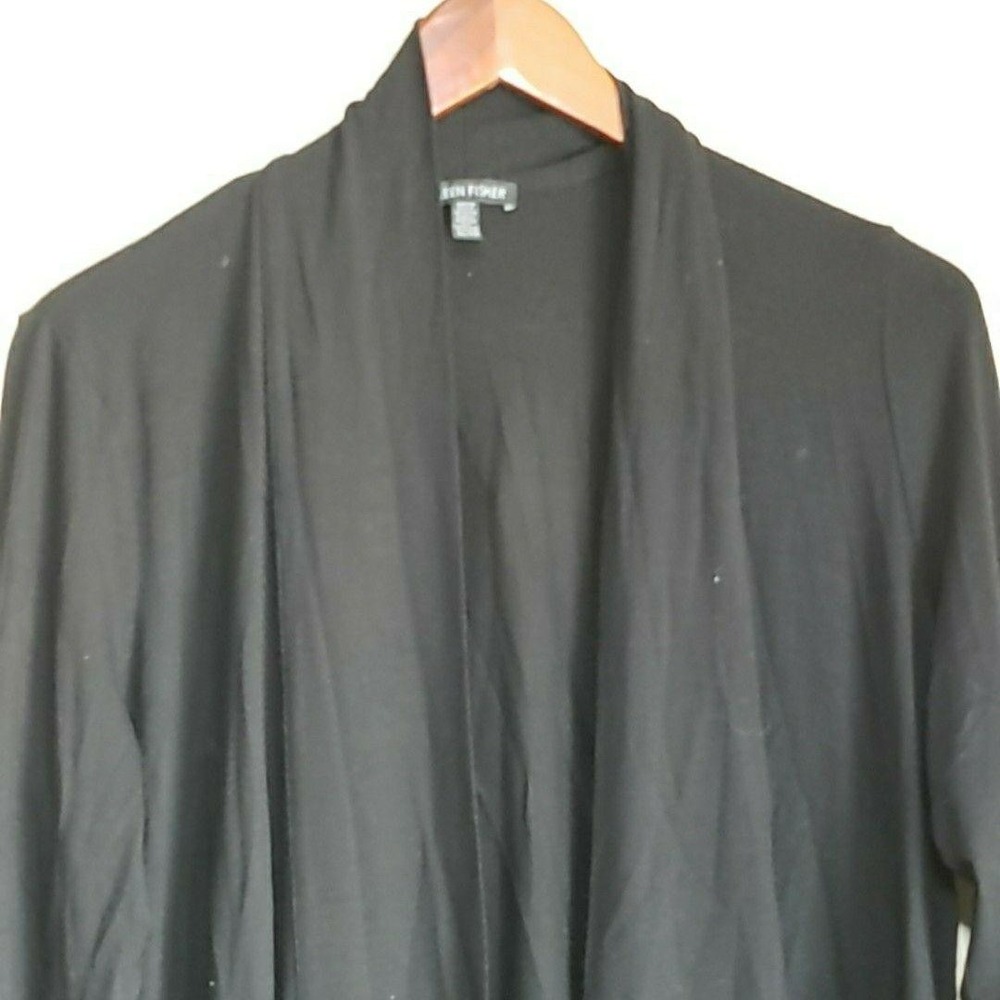 Eileen Fisher Cardigan Sweater Womens XL Black Open Front 3/4 Sleeve Jersey Knit